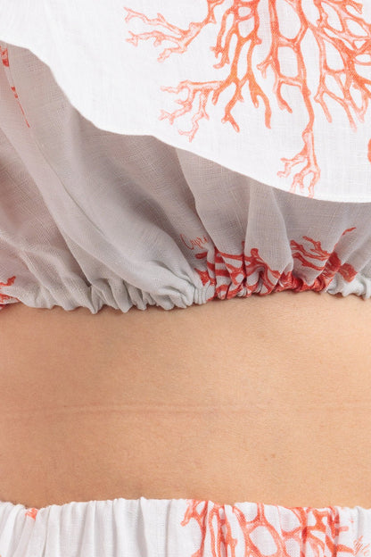 Sofia - Coral Branch Linen Off Shoulder Crop Top - Women&