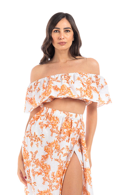 Linen Off-Shoulder Crop - Orange