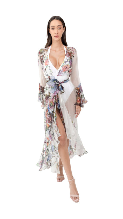 White Flower Organza Long Robe with Long  Sleeves