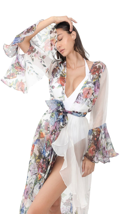 White Flower Organza Long Robe with Long  Sleeves