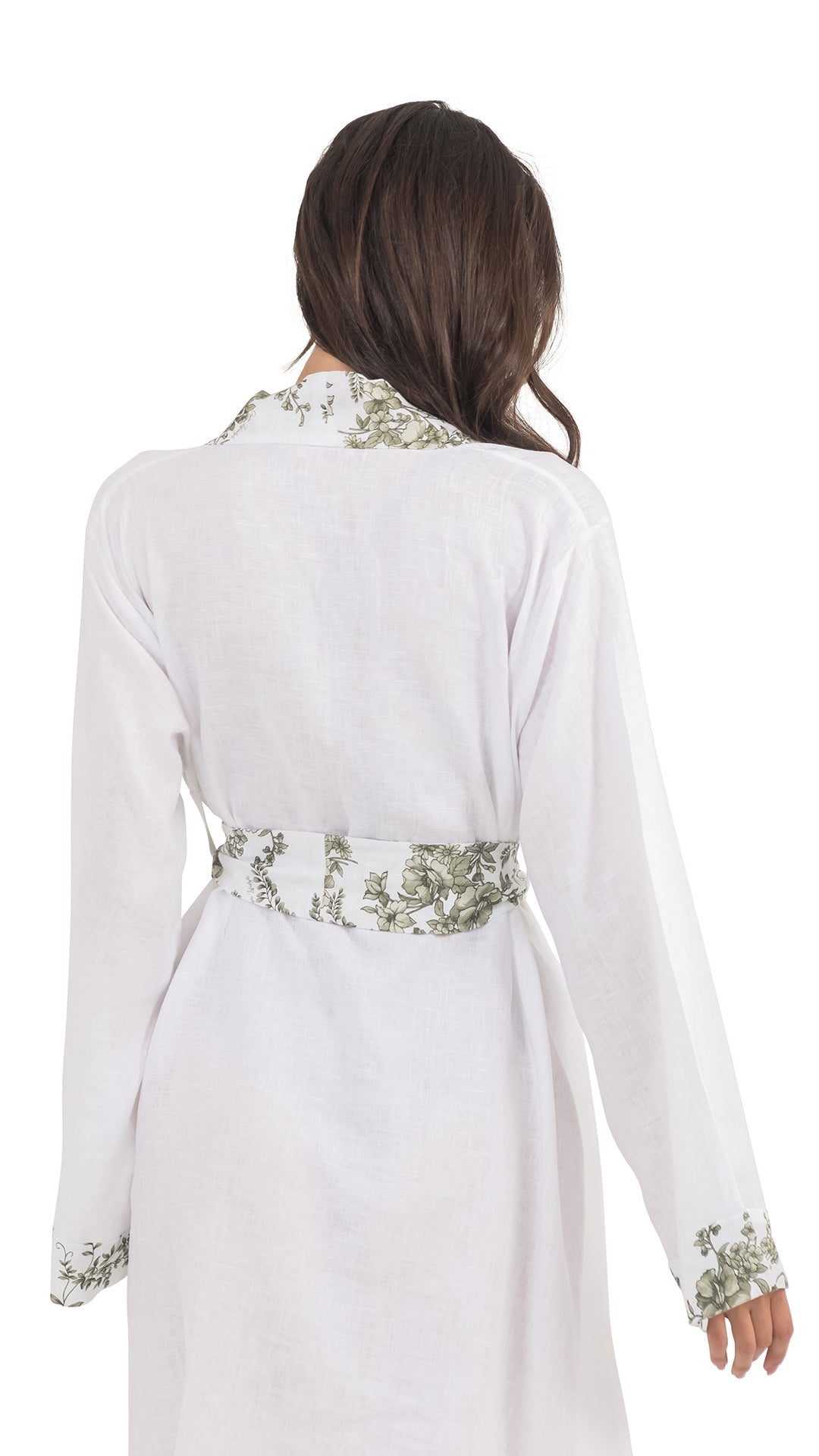 White Olive Linen Long Kimono with Flowery Belt - Beach Collection - Dresses - by CAPRI LIFESTYLE