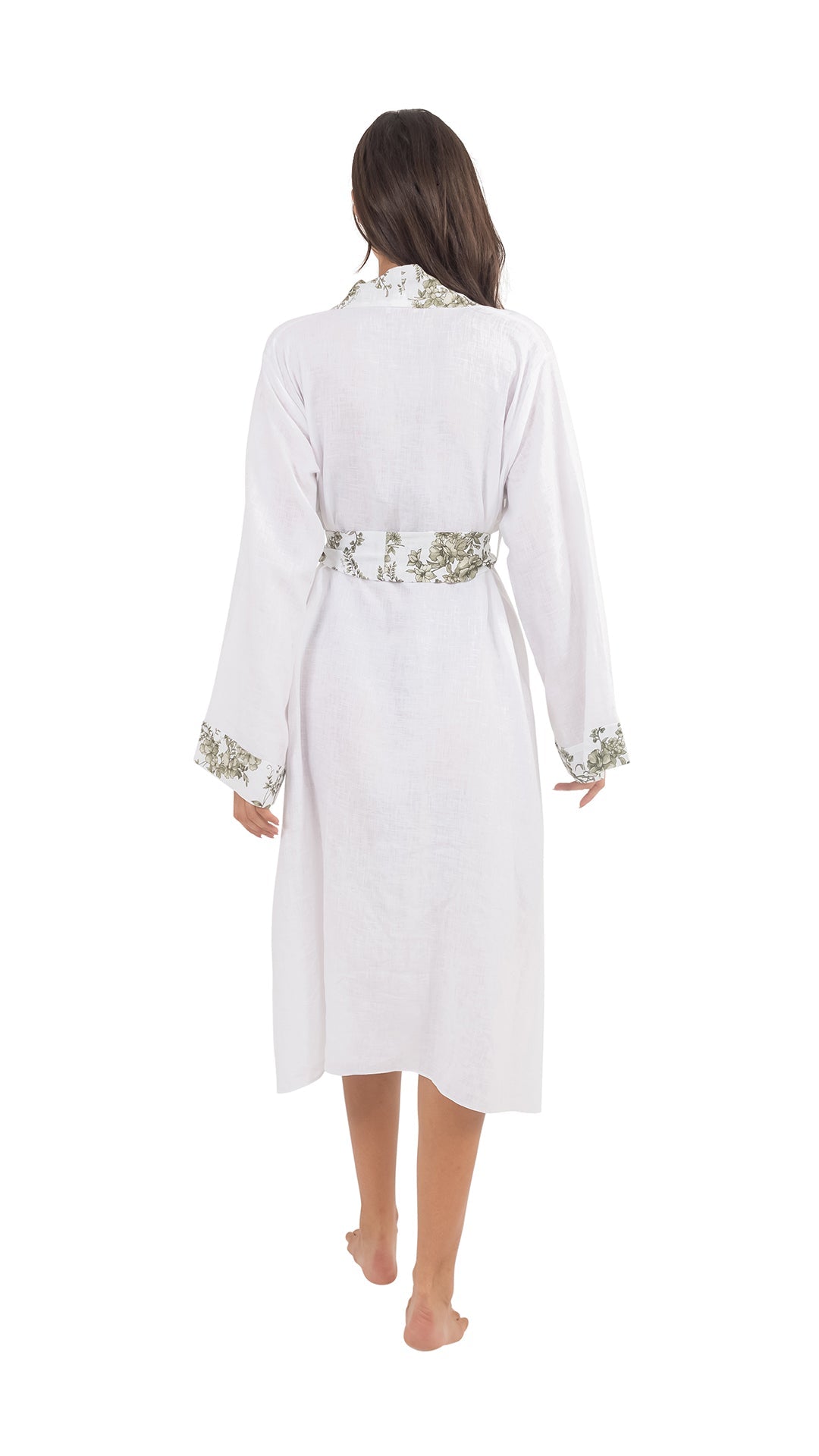 White Olive Linen Long Kimono with Flowery Belt - Beach Collection - Dresses - by CAPRI LIFESTYLE