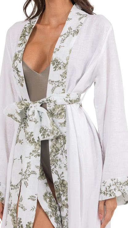 White Olive Linen Long Kimono with Flowery Belt - Beach Collection - Dresses - by CAPRI LIFESTYLE