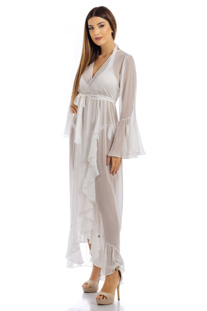 White Plain Long Chiffon Wrap Around Dress - Dresses - by CAPRI LIFESTYLE