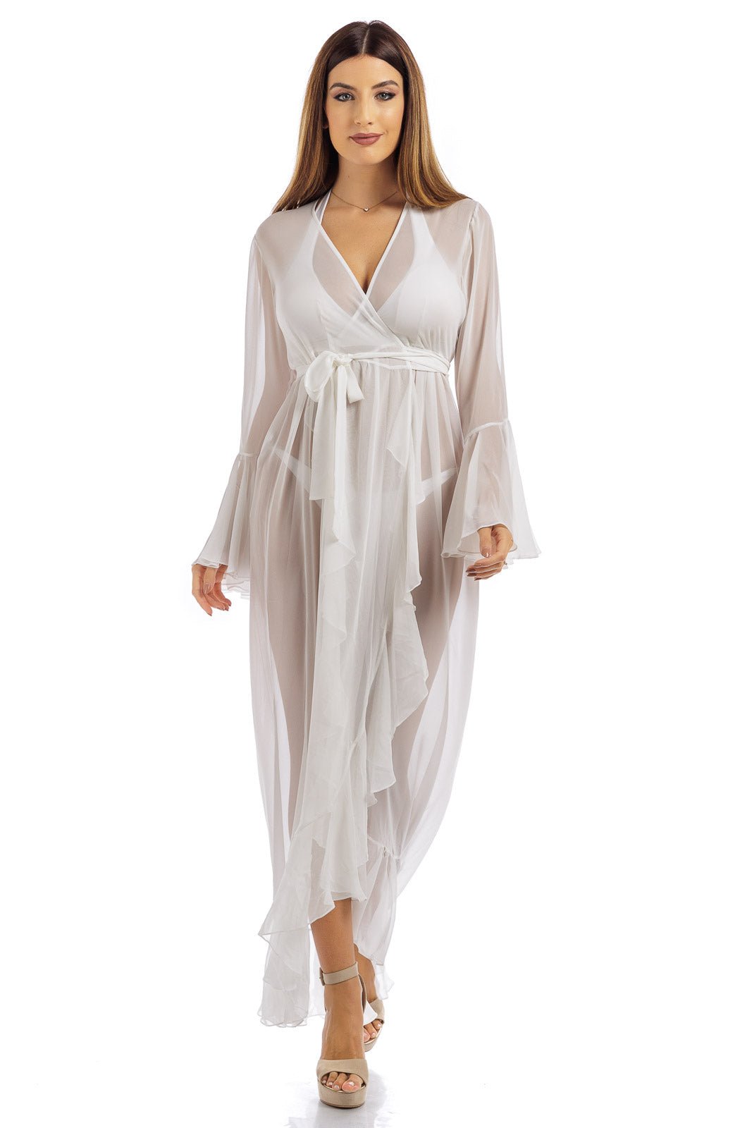White Plain Long Chiffon Wrap Around Dress - Dresses - by CAPRI LIFESTYLE