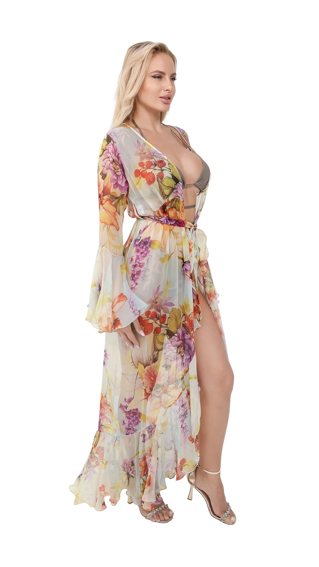 Yellow Flower Long Chiffon Coverup with Long Sleeves