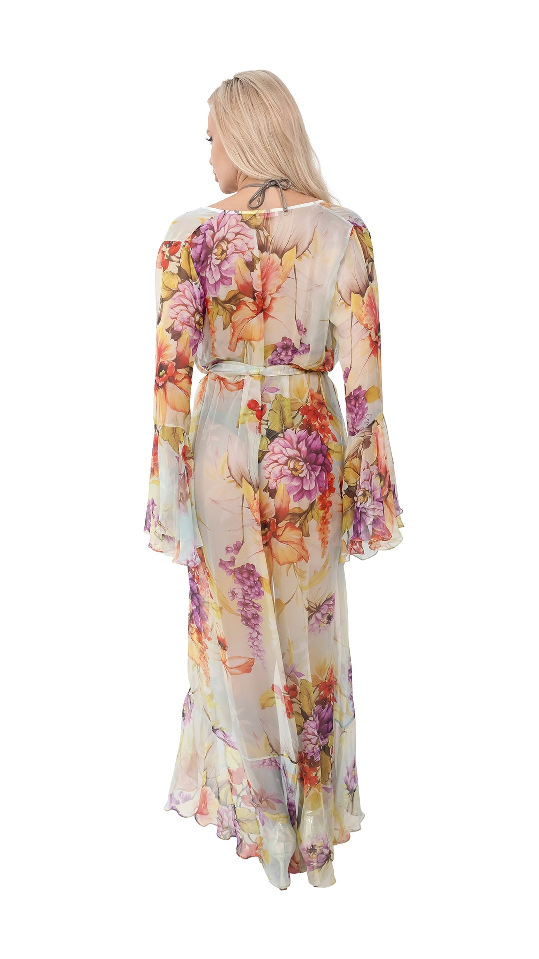 Yellow Flower Long Chiffon Coverup with Long Sleeves