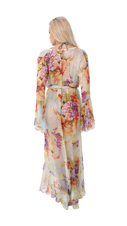 Yellow Flower Long Chiffon Coverup with Long Sleeves