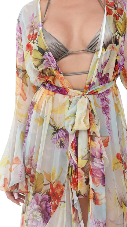 Yellow Flower Long Chiffon Coverup with Long Sleeves