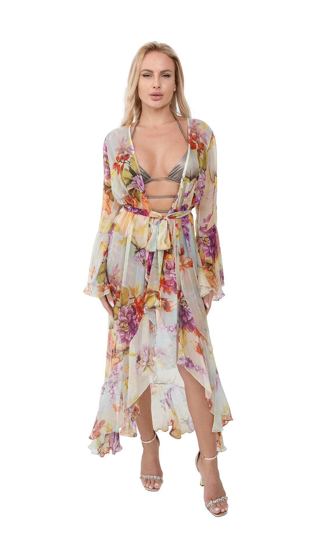Yellow Flower Long Chiffon Coverup with Long Sleeves