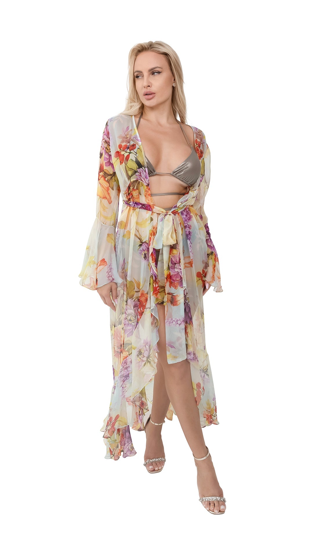 Yellow Flower Long Chiffon Coverup with Long Sleeves