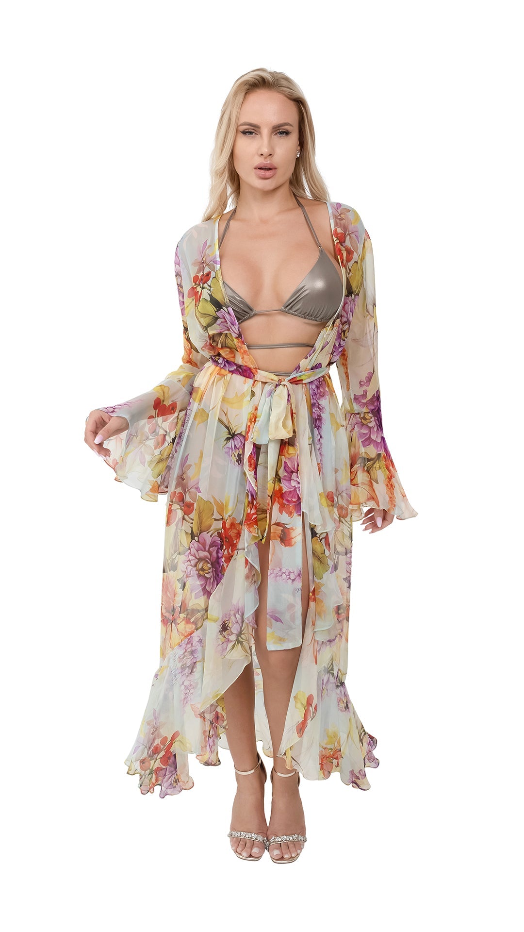 Yellow Flower Long Chiffon Coverup with Long Sleeves