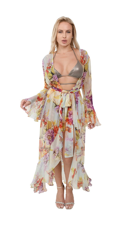 Yellow Flower Long Chiffon Coverup with Long Sleeves