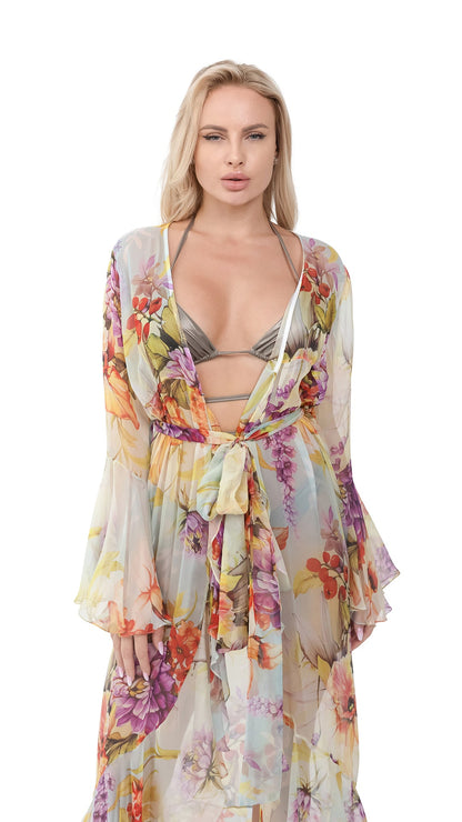 Yellow Flower Long Chiffon Coverup with Long Sleeves