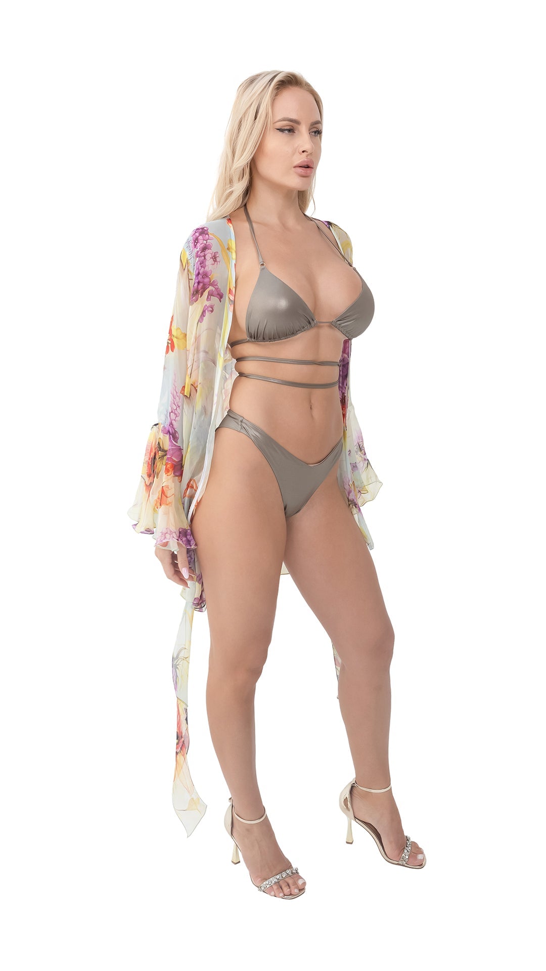 Yellow Flower Short Chiffon Robe with Long Sleeves