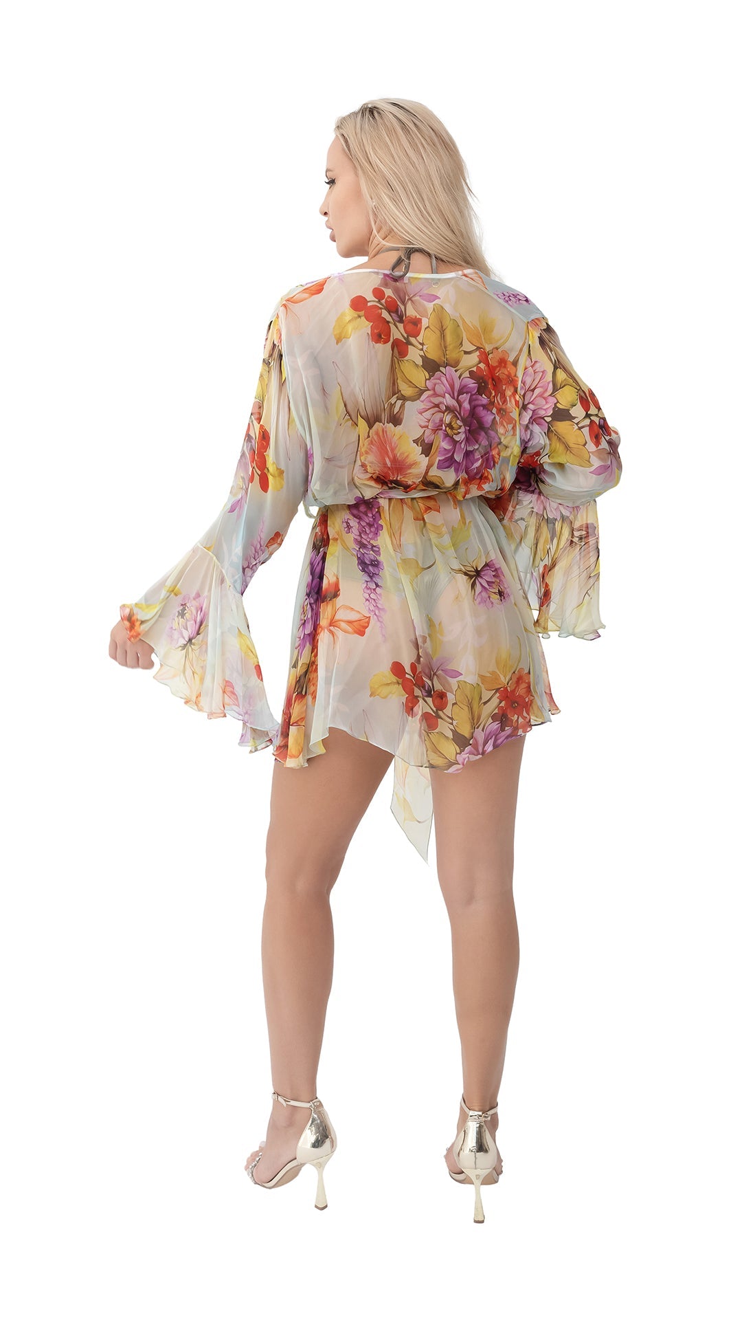 Yellow Flower Short Chiffon Robe with Long Sleeves