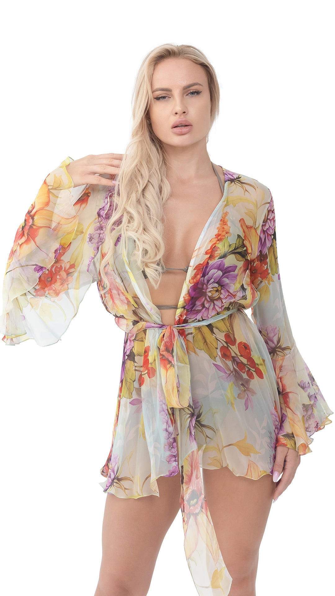 Yellow Flower Short Chiffon Robe with Long Sleeves