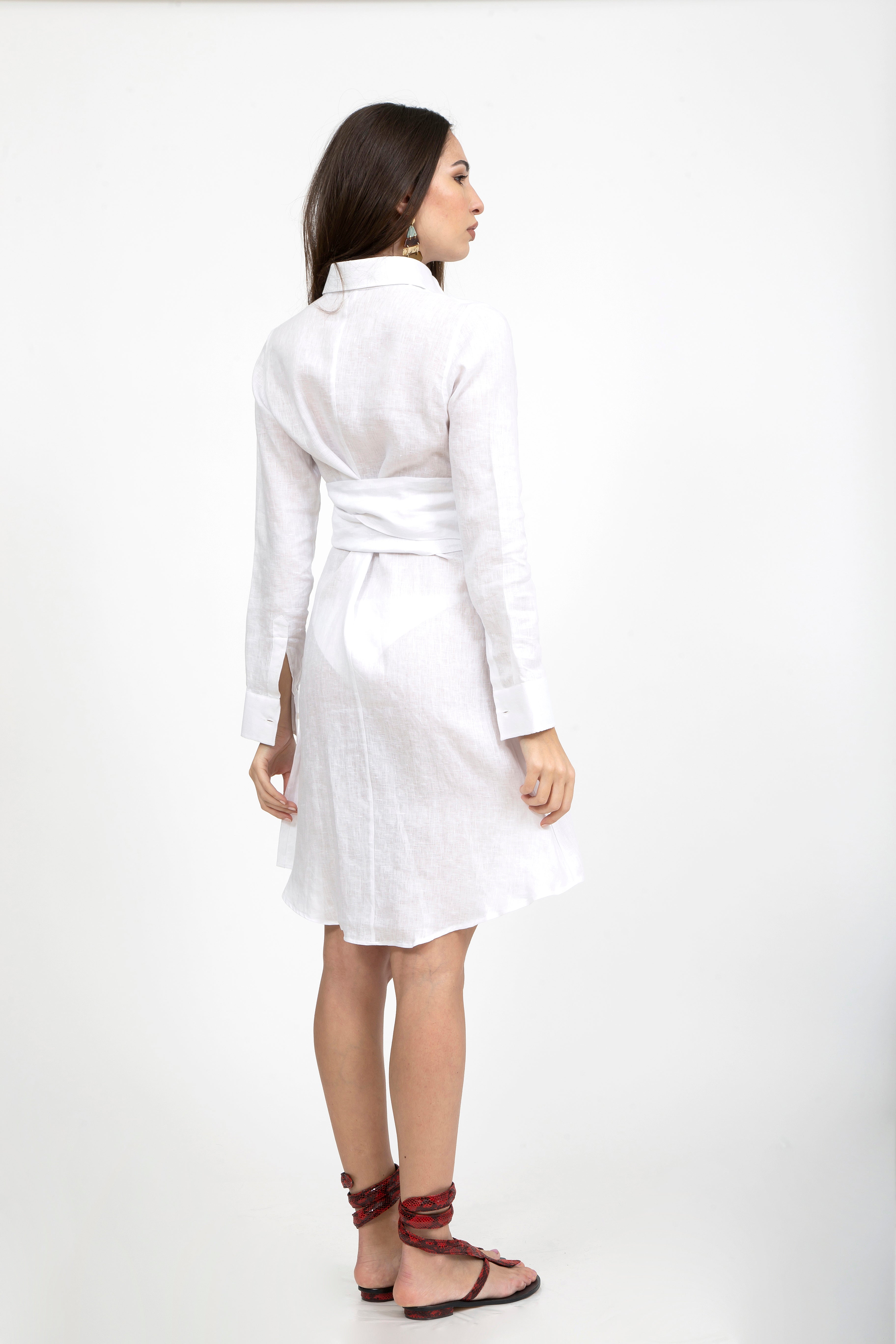 Plain Linen Classic Collar Short Dress