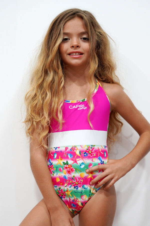 SHE02-Girls Halter One Piece Swimsuit - Shell Mood - CAPRI LIFESTYLE READY MADE GARMENTS TRADING L.L.C