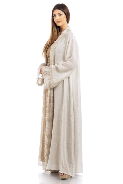 Feather Detailed Linen Abaya