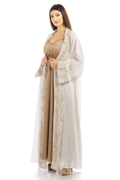 Feather Detailed Linen Abaya
