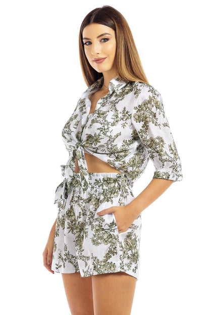 Flowery Linen Belted Cinched Short