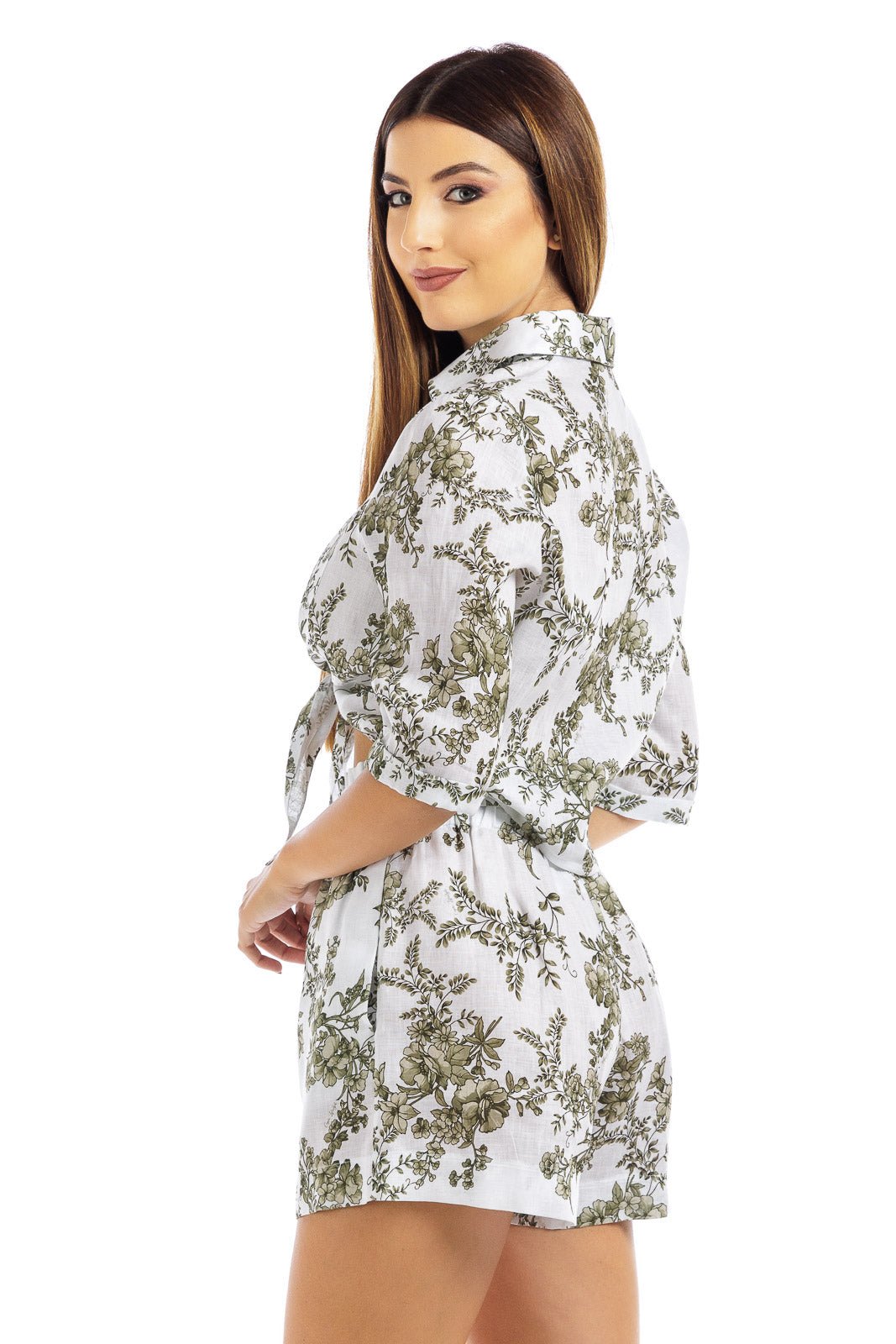 Flowery Linen Belted Cinched Short