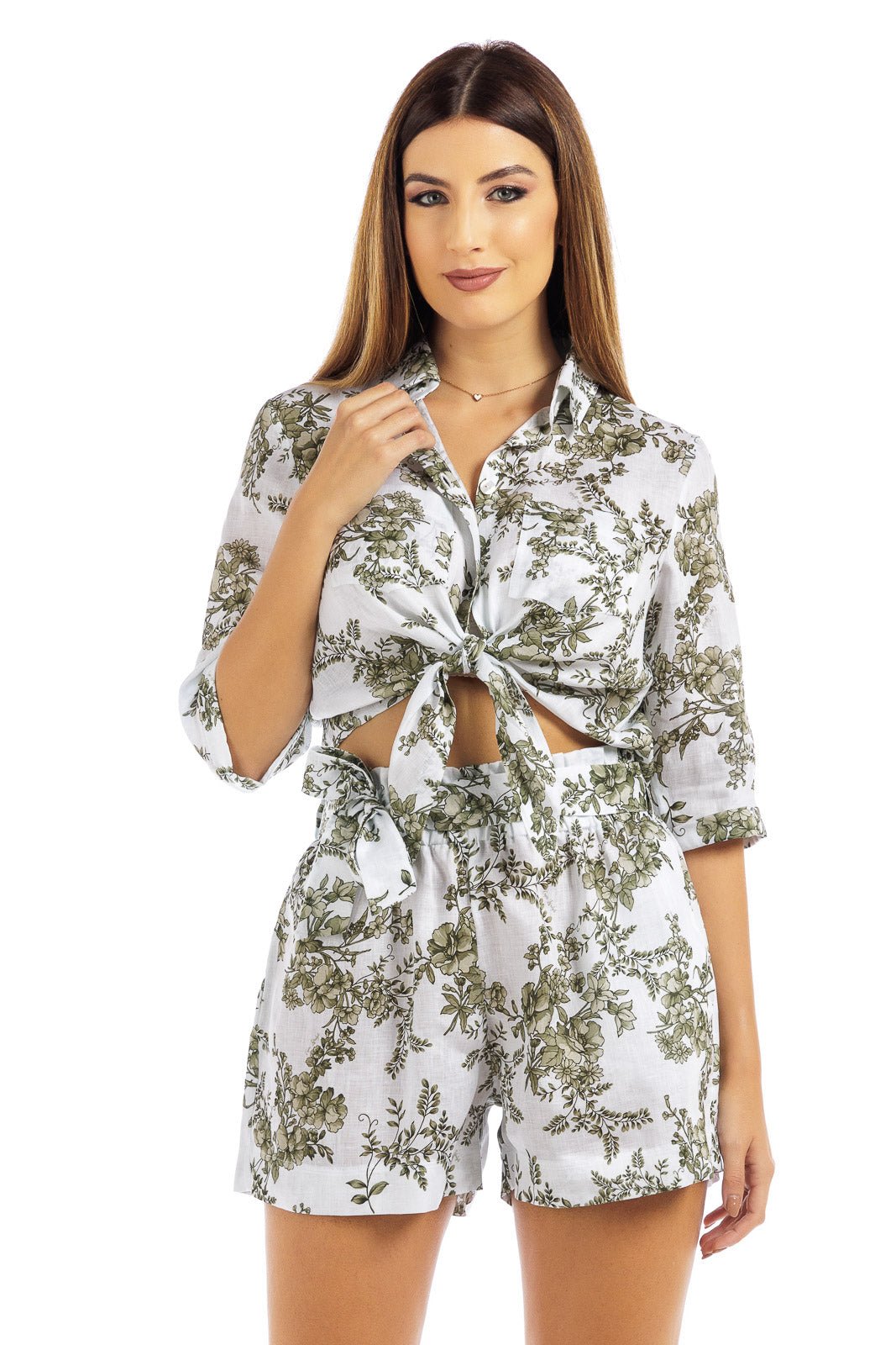 Flowery Linen Tie Front Crop Blouse