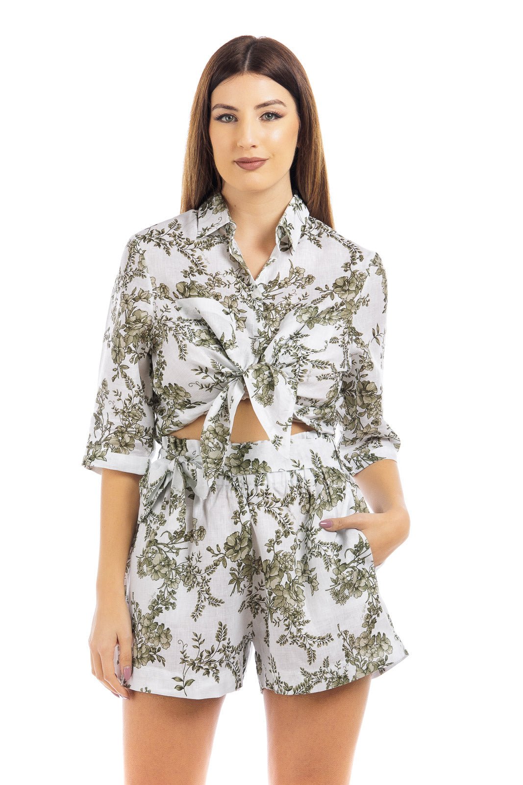 Flowery Linen Tie Front Crop Blouse