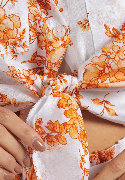 Flowery Linen Tie Front Crop Blouse