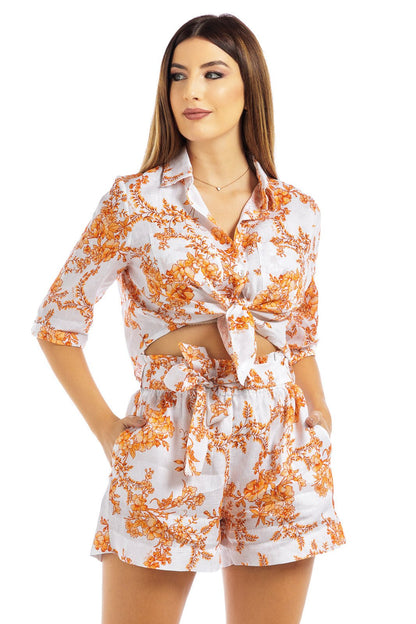 Flowery Linen Tie Front Crop Blouse