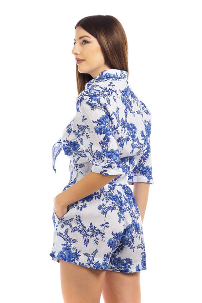 Flowery Linen Tie Front Crop Blouse