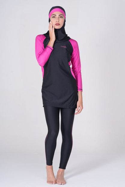 LBK16 -Women Burkini with Tight Leggings, Head Cover &amp; with Contrast Stitching - CAPRI LIFESTYLE READY MADE GARMENTS TRADING L.L.C