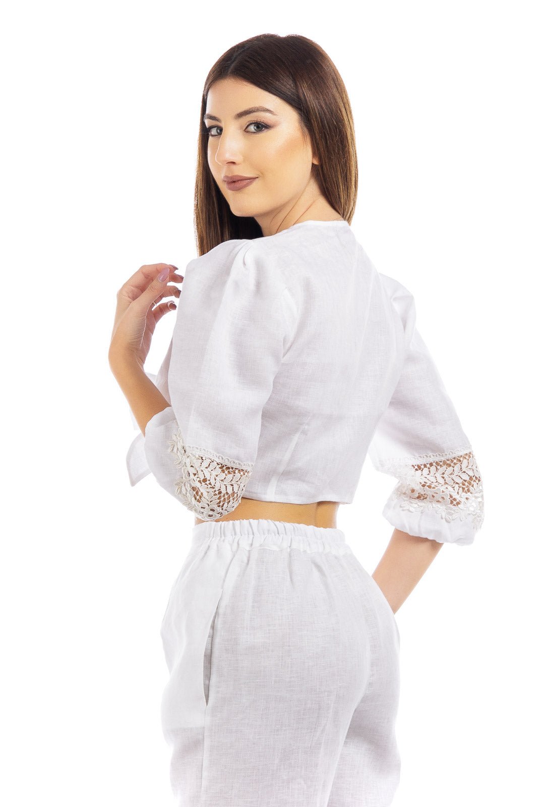 Linen Tie Front Crop Blouse