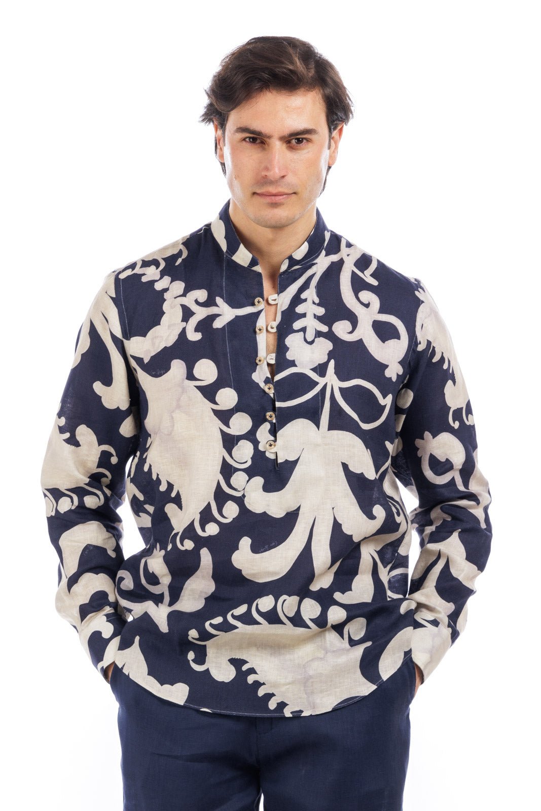 Pattern Half Split Button Linen Shirt