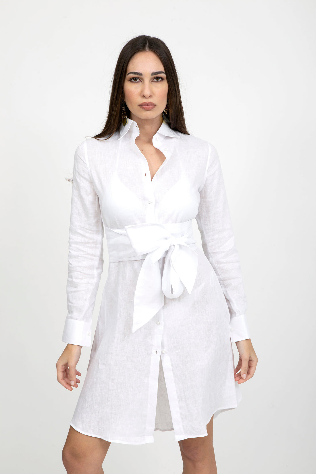 Plain Linen Classic Collar Short Dress