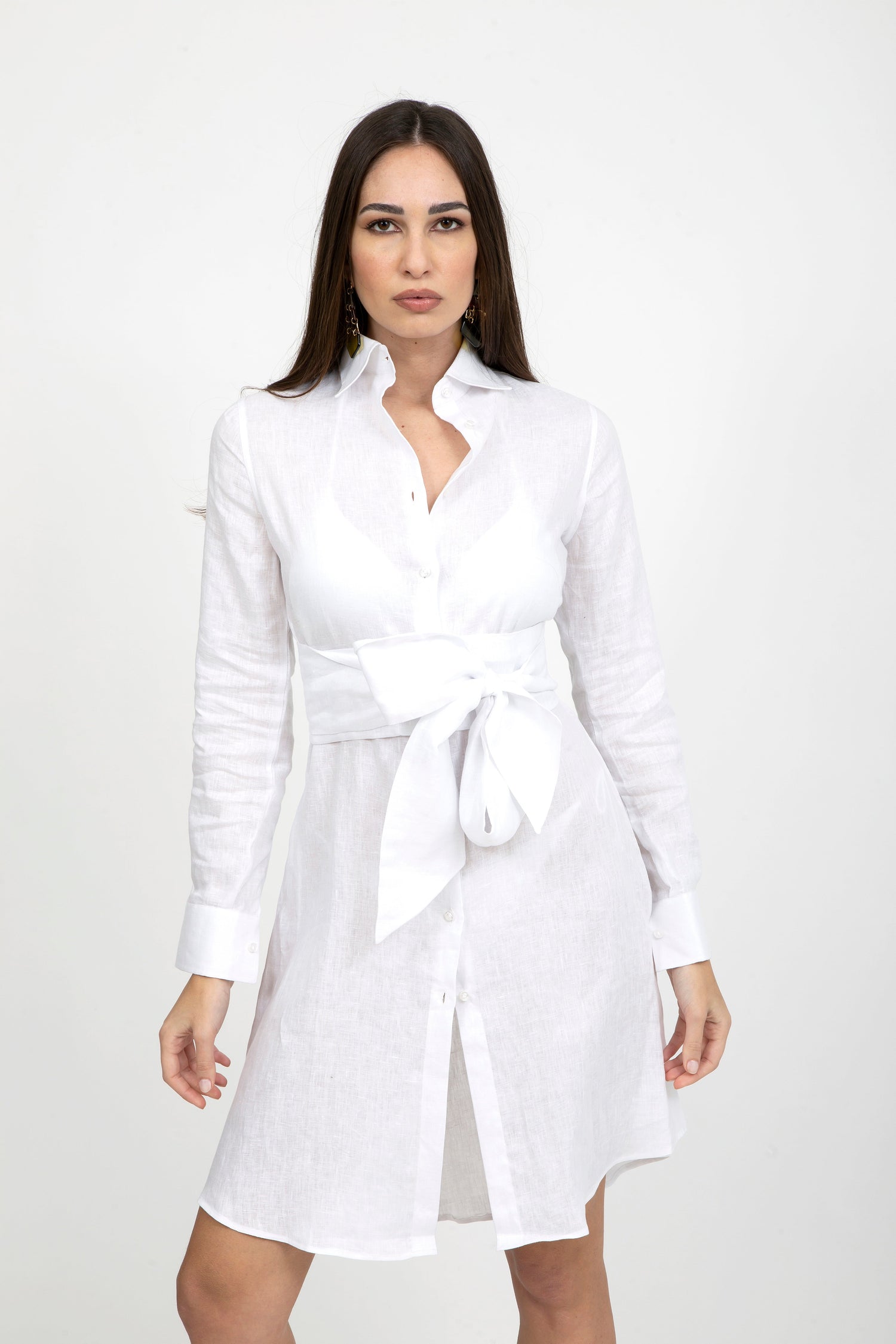 Plain Linen Classic Collar Short Dress