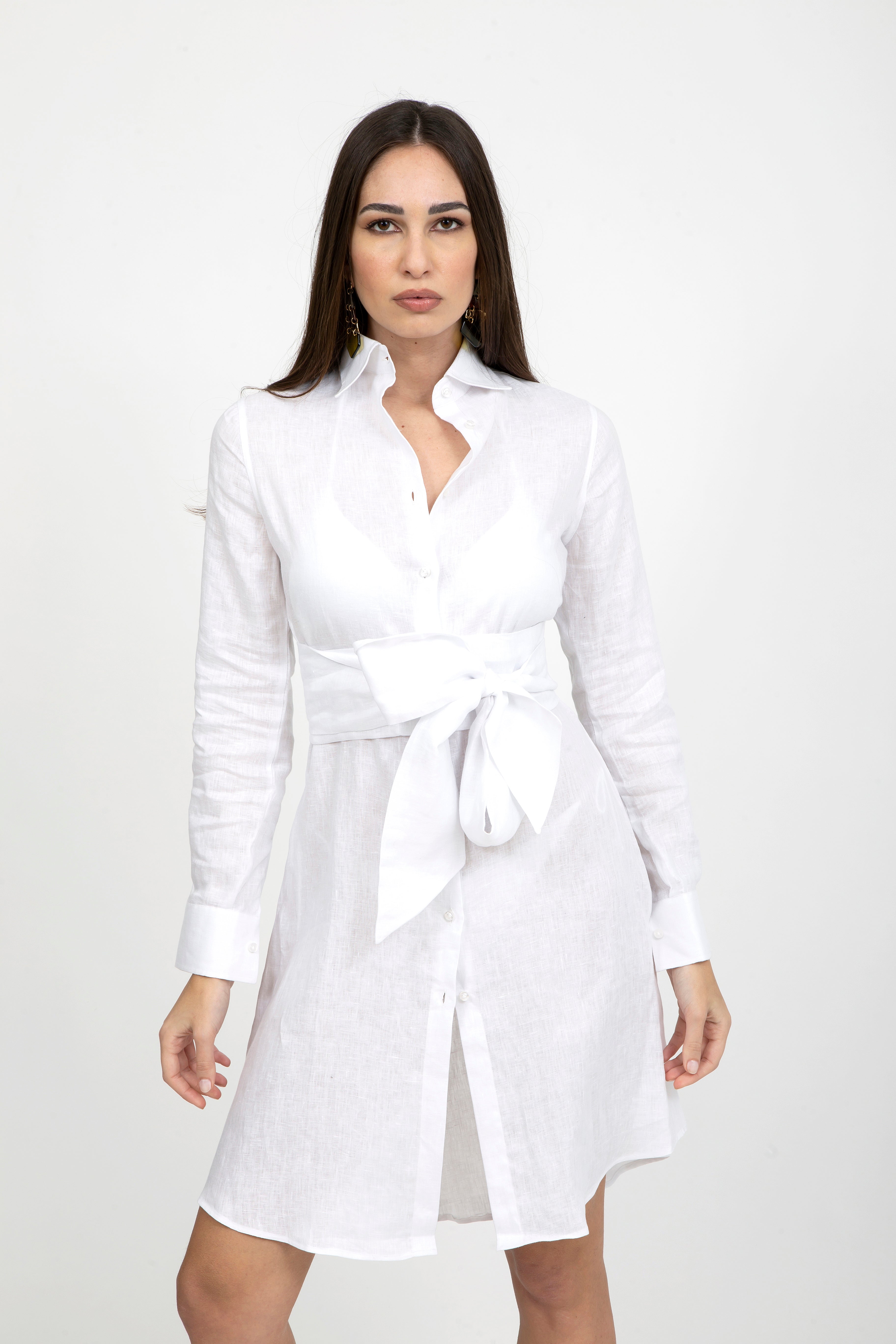 Plain Linen Classic Collar Short Dress