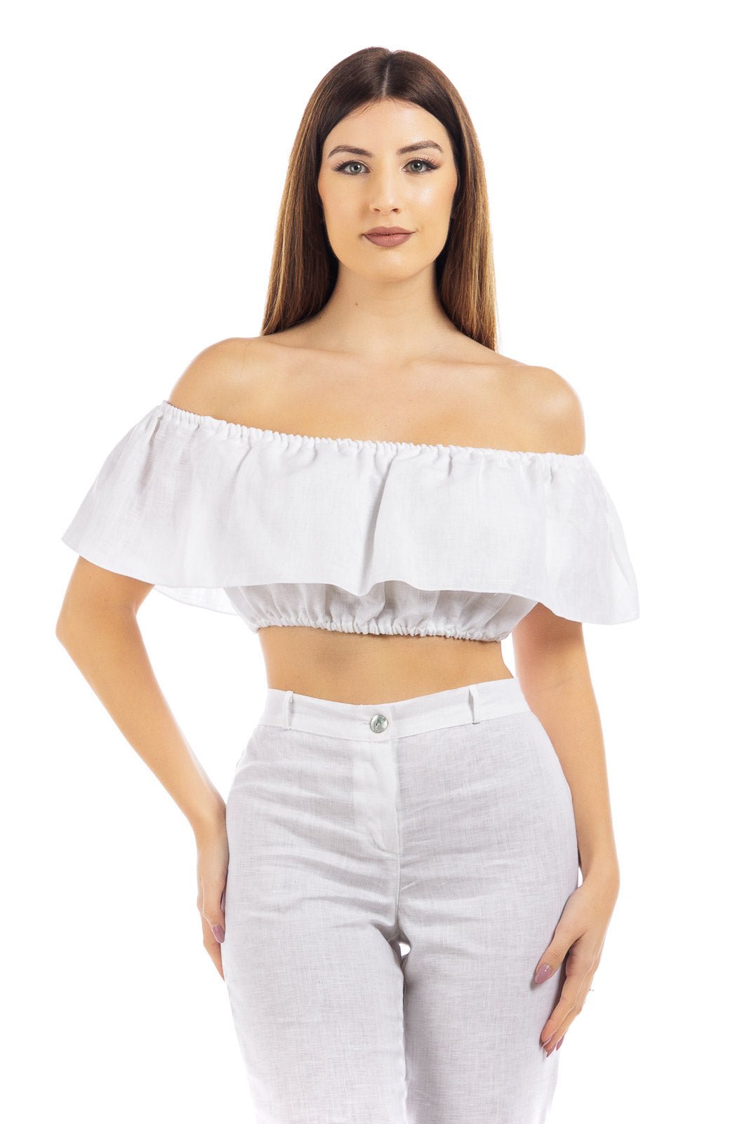 Plain Linen Off-Shoulder Crop Top