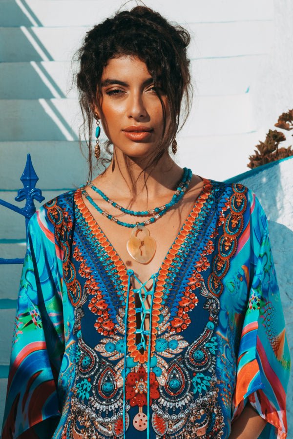 FAB-SK8-Women Short Kaftan Polyester Crepe-Blue/Orange - CAPRI LIFESTYLE READY MADE GARMENTS TRADING L.L.C